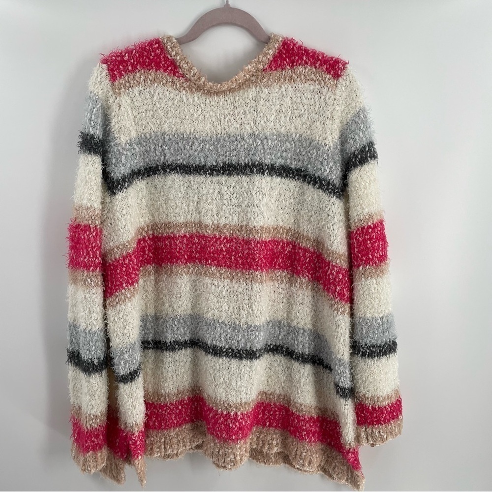 Lane Bryant Striped Boucle Loose Knit Sweater Grosgrain Ribbon Bow Tie Back